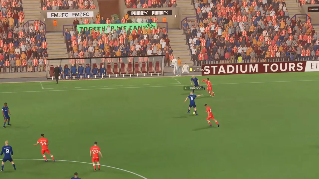 Football Manager 27 match moment showing a skill move