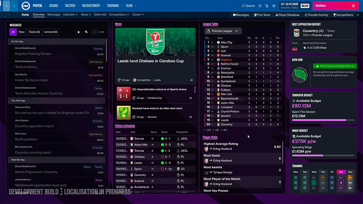 Football Manager 27 portal with messages, news and a league table