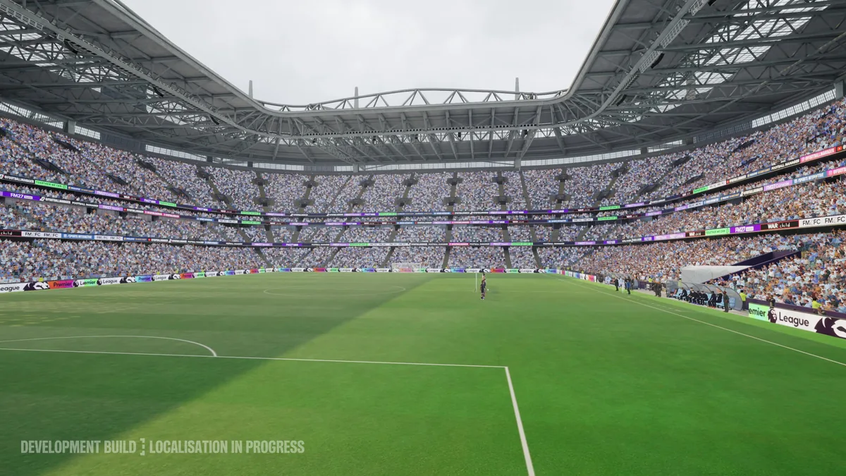 Football Manager 27 stadium during a match